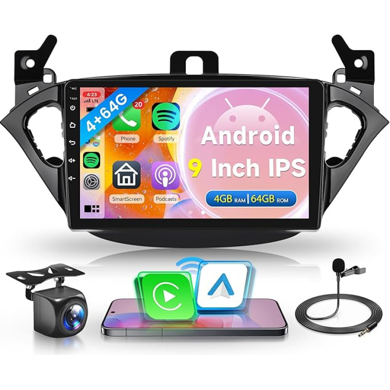 4G+64G Wireless Carplay Android Autoradio für Opel Corsa E 2015-2019/Opel Adam 2013-2016 9 Zoll Autoradio 2 Din mit Android Auto Navi GPS WIFI Mirror Link Bluetooth FM/RDS/32 EQ/USB/SWC Rückfahrkamera