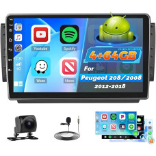 Roinvou 4+64G Car Radio Android for Peugeot 208/2008 2012-2018 Wireless Carplay Android Car, Touch Screen Radio 10.1 Inch Screen WiFi GPS Bluetooth 32EQ FM/RDS SWC Reversing Camera