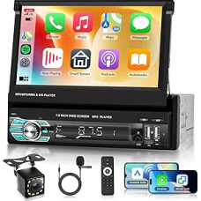 Hodozzy 1 Din Autoradio Automatisch Bildschirm 7 Zoll mit Wireless CarPlay Android Auto, Radio mit Bluetooth MirrorLink FM DSP Farben Beleuchtung SWC,Unterstützung USB/TF/AUX/MIC + Rückfahrkamera