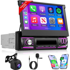 [2+64G] Android 13 1 DIN Car Radio with Wireless Carplay & Android Car - 7 Inch Manual Extendable Touchscreen Radio with Mirror Link, DSP, WiFi, GPS, FM/RDS Radio, SWC + AHD Rear View Camera