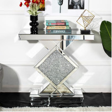 Veidrodinis konsolinis stalas Sidabrinis įėjimo stalas su deimanto formos blizgiu paviršiumi 80 cm ilgio siauras stalas Stiklo sofos stalai Fojė stalai gyvenamajam kambariui Prieškambario įėjimas