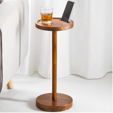 BLUEWEST Pedestal Side Table - Acacia Weighted Base Drink Table with Phone Holder - Small Round Side Table for Small Spaces, Martini or Cocktail Side Table, Compact