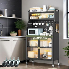 haiorjun Kitchen Cabinet Black with Worktop and Wheels, 76 x 36 x 160 cm, Movable Metal Cabinet with 2 Doors and Adjustable Shelves, Modern Style Buffet Cabinet for Kitchen, Living Room, Dining Room