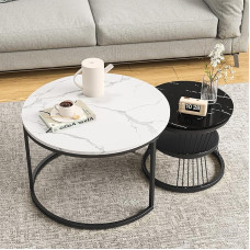 2 kavos staliukų rinkinys, apvalus kavos staliukas su daiktadėže, metalinis rėmas, šoninis staliukas, blizgus, modernus svetainės staliukas su marmuro išvaizda, skirtas svetainei, miegamajam, balkonui, biurui (baltas + juodas)