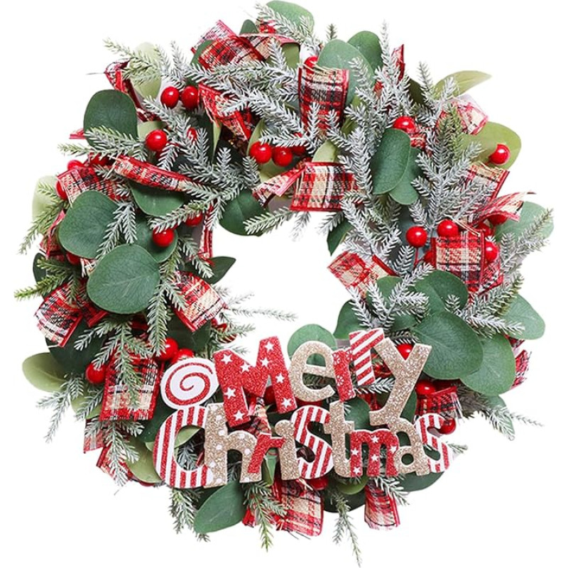 40 cm Artificial Christmas Wreath, Christmas Garland Berries Pine, Artificial Eucalyptus Wreath for Front Door, Artificial Flower Wreath, for Window Garden, Christmas Holidays, Indoor Home Decor (Red)