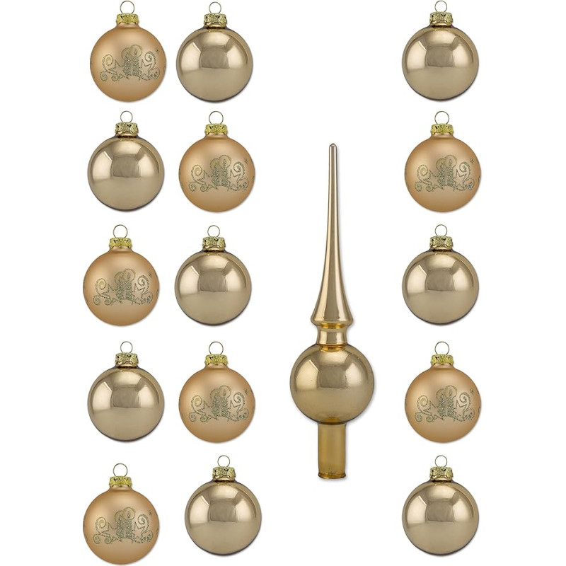 Thüringer Glas Design Glass Bauble Assortment, 12 Baubles in 4 cm, 6 cm, and 8 cm, 4 Assorted Colours, gold, 16-Teilig Uni, Deko, Spitze