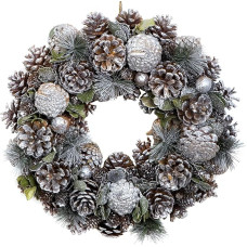 High Quality Hanging Christmas Wreath 38cm Festive Silver Display with Pine Cones