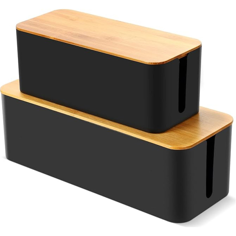 Cable Storage Box, Larger Cable Organised Box, Set of 2 Cable Storage Boxes with Bamboo Lid for Hiding Messy Cables, Wire Management, 40.6 x 15.7 x 13.7 cm and 32 x 13.5 x 13.0 cm