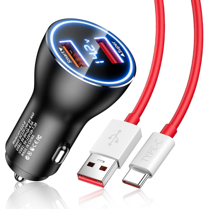 Cigarette Lighter USB Charger 80 W Supervooc Charge for OnePlus Nord 2T/10 Pro, USB Quick Charge Car Charger with 1 m USB C Cable USB Car Charger for Oneplus 11 9 Pro Nord CE 3 Lite OPPO