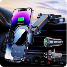 Auckly Mobile Phone Holder Car with Charging Function, 60 W PD + QC + Suction Cup + Clip, Qi 15 W Fast Wireless Charger, Car Charger, Automatic Induction Charger Car for iPhone 12 13 14 15 16 Pro Max