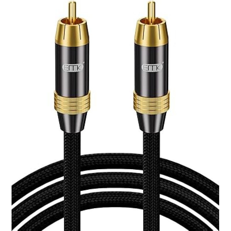 EMK Subwoofer Cable, Digital Coaxial Cable RCA to RCA 24K Gold-Plated Connector Nylon Braided RCA/Phono Audio Cable for Soundbar, Speaker, Smart TV, Home Theater, Amplifier (5 Metres)