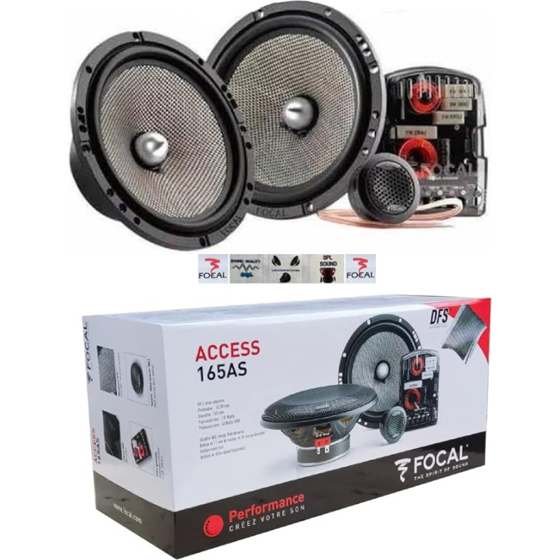 1 Kit 2 Way Focal Access 165AS 16.5 cm 165 mm 6.5 Inch Diameter 60 Watt RMS 120 Watt Max 4 Ohm 91.3 dB 2 Woofers 2 Tweeters 2 Crossovers Pair Kit + 5 Free Stickers