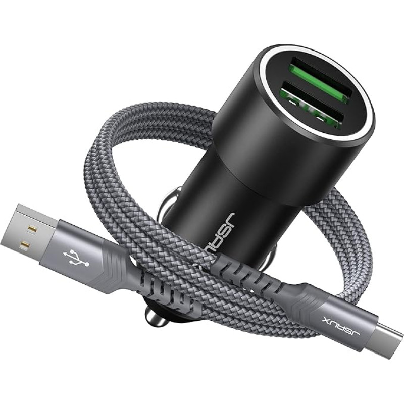 Cigarette Lighter USB Charger 36 W/12 V Quick Charge, JSAUX Dual QC3.0 Car Charger, Metal Car USB Adapter with USB-C Cable 1 m Compatible with Samsung Galaxy S10/S9, Note, iPhone Black