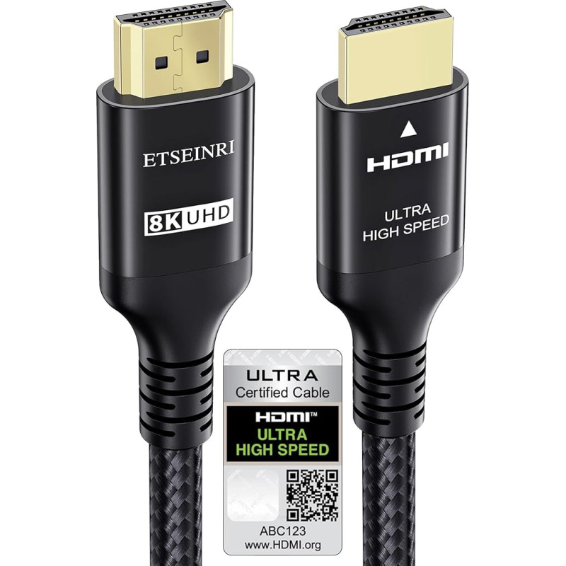 Etseinri 8K 4K HDMI 2.1 Cable 3M, Certified 48Gbps Ultra High Speed HDMI Cable 4K 120Hz 8K 60Hz 10K eARC HDCP 2.2&2.3 Dynamic HDR Dolby Atmos Compatible with PS5 Xbox HDTV Monitor