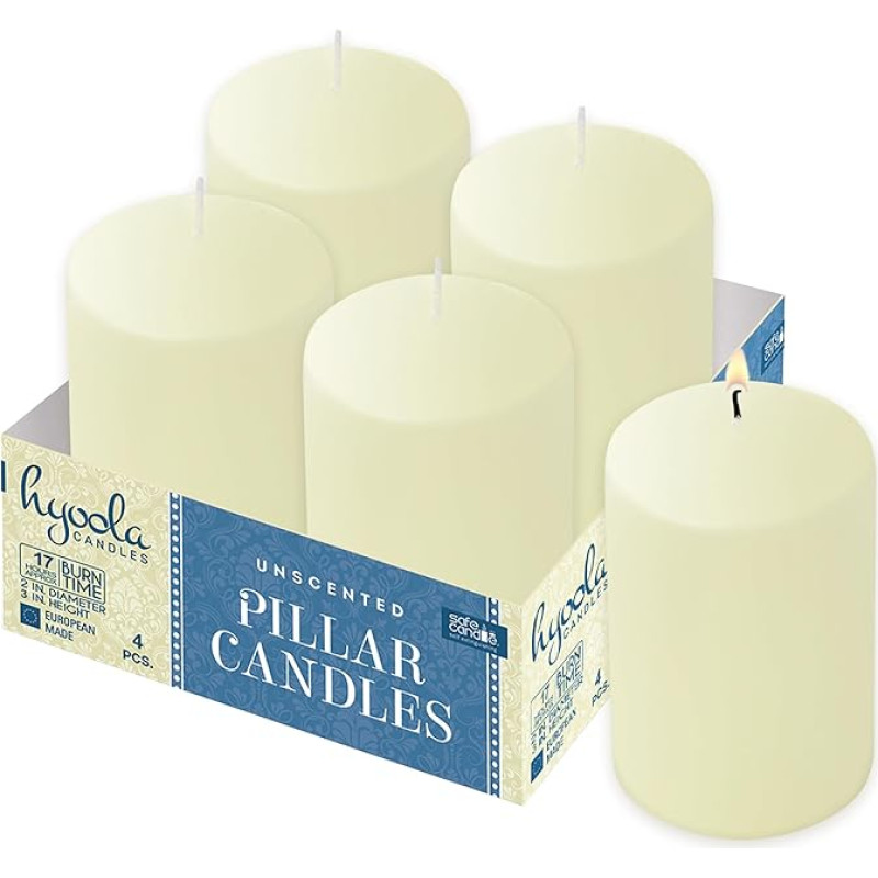 Hyoola Ivory Pillar Candles 5 x 7.5 cm - Unscented Pillar Candles Large - Pack of 4 - Candles Long Burning Time Made in EU