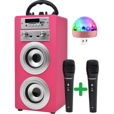 DYNASONIC - (3rd Gen Portable Bluetooth Speaker with Karaoke Mode and Microphone, FM Radio and USB SD Reader (Pink Model, Disco Lights)