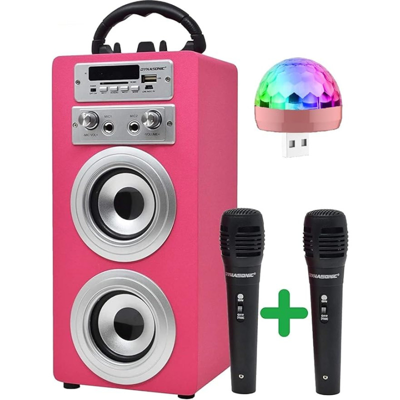 DYNASONIC - (3rd Gen Portable Bluetooth Speaker with Karaoke Mode and Microphone, FM Radio and USB SD Reader (Pink Model, Disco Lights)