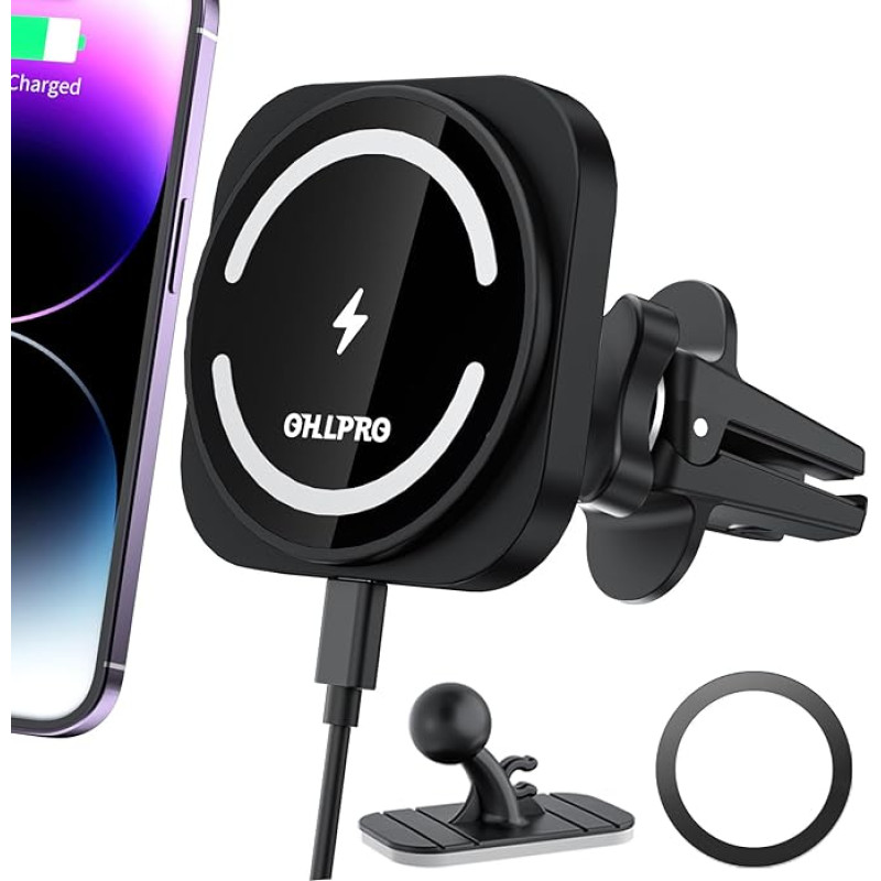 OHLPRO Car Mobile Phone Holder with Charging Function, for Magsafe Car Mount and iPhone 16/16 Pro/16 Pro Max and 15/14/13/12 Series, 360° Rotatable Super Strong Magnet Suitable for Most Vehicles