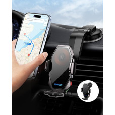 ESSAGER Car Mobile Phone Holder, Wireless Charging Station, 15 W Inductive, Ventilation + Suction Cup, Touch + Mechanical Button, Fast Qi Wireless Charger, Car Inductive Charging, for iPhone, Samsung,