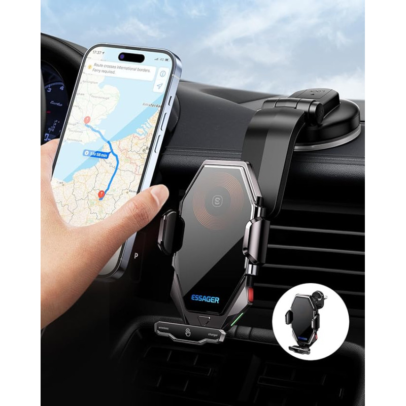 ESSAGER Car Mobile Phone Holder, Wireless Charging Station, 15 W Inductive, Ventilation + Suction Cup, Touch + Mechanical Button, Fast Qi Wireless Charger, Car Inductive Charging, for iPhone, Samsung,