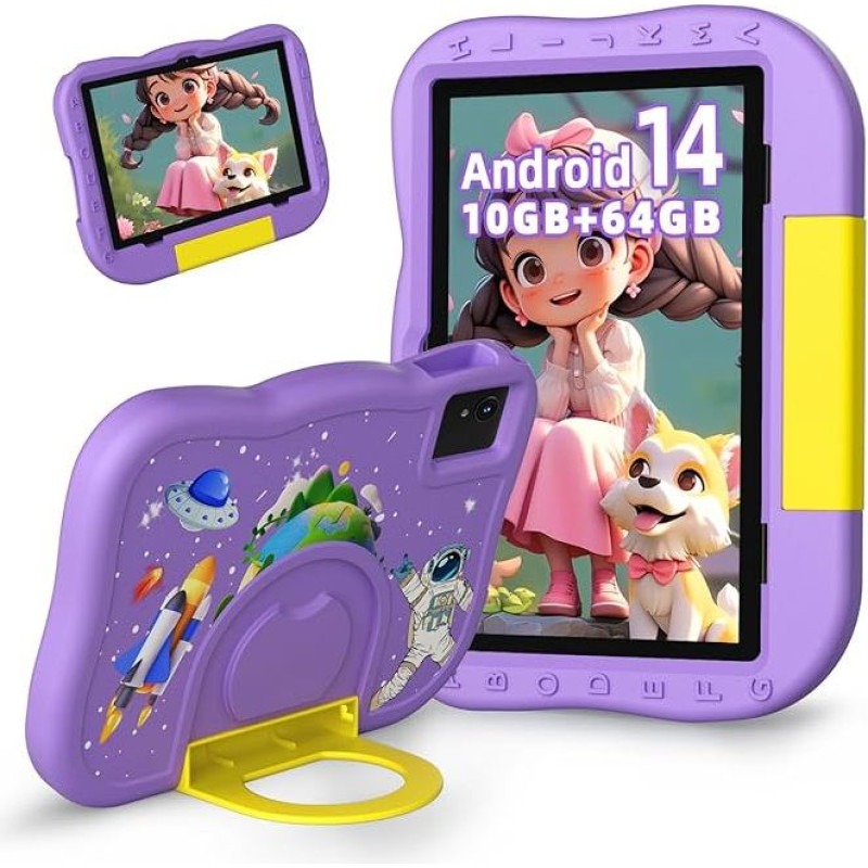 Android 14 Tablet for Children 10 Inches, 10 GB (4+6) RAM + 64 GB Octa-Core, 1TB SD Card Expandable, Parental Control, Children's Tablet with Case, WiFi 6, Great Gift for Children (Purple)