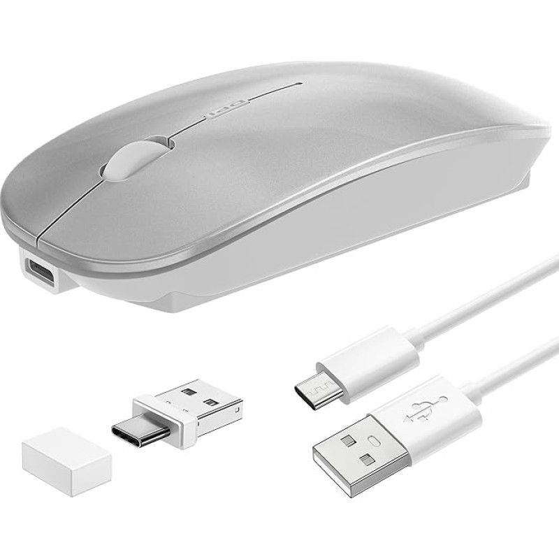 Wireless Mouse Slim Rechargeable Mouse Wireless for MacBook Air/Laptop/iPad/Computer/Windows Android Tablet,Mini Silent Mice,Portable USB Optical 2.4G Wireless Bluetooth Two Mode Computer Mice-Sliver