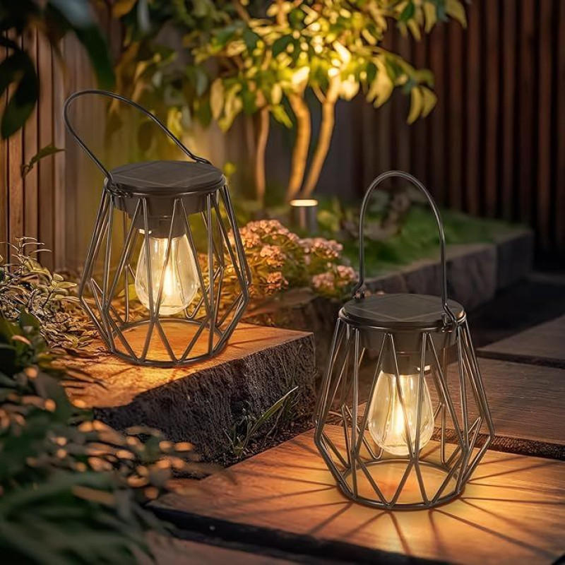 Solar Lights for Outdoor Hanging/Standing, Pack of 2 IP65 Waterproof Metal Solar Lantern, Retro LED Solar Lanterns, Diamond for Outdoors, Garden, Balcony, Outdoor, Patios, Warm White