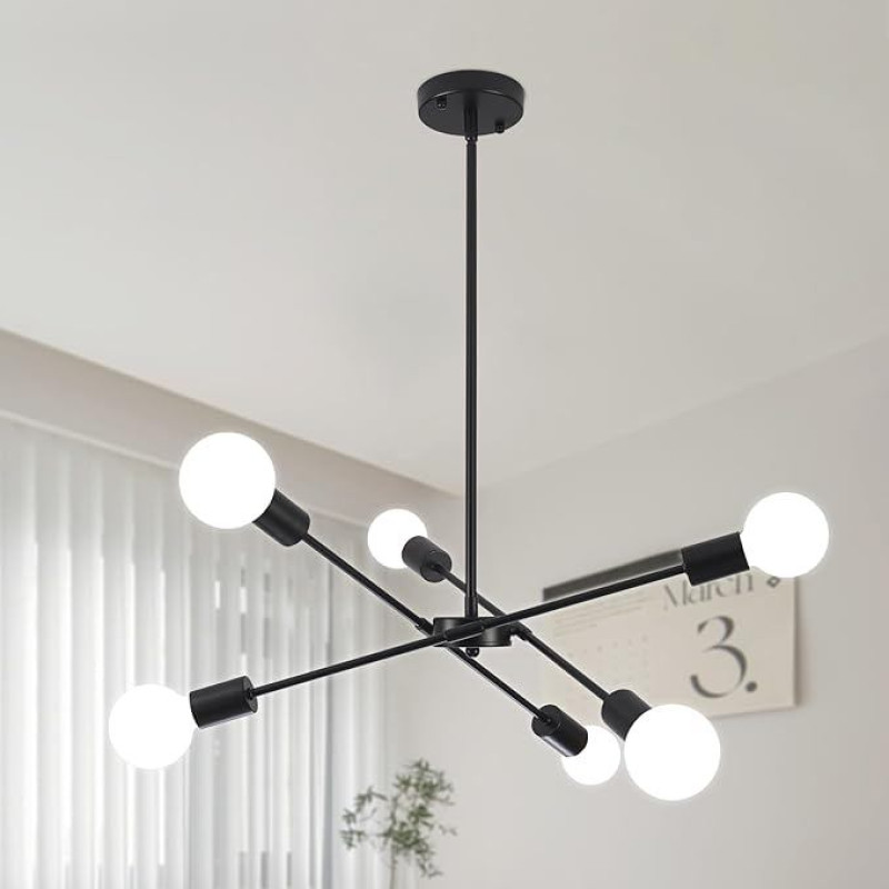 QAREHL Chandelier Modern Living Room Lamp, 6 Bulbs Sputnik Chandelier Black Ceiling Lamp E27 Candlestick for Dining Table, Bedroom, Kitchen, Hallway, Height Adjustable