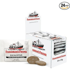 Fisherman's Friend Eucalyptus, 24 laikymo dėžutės, eukalipto ir mentolio skonio, su cukrumi ir veganais, saldainiai gaiviam burnos kvapui, 24 x 25 g