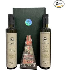 Oleum Comitis Extra Virgin Olive Oil 100% Italian Cold Pressed Gift Box with 2 x 500 ml Bottles and Parmigiano Reggiano DOP Vacche Rosse 30 Months