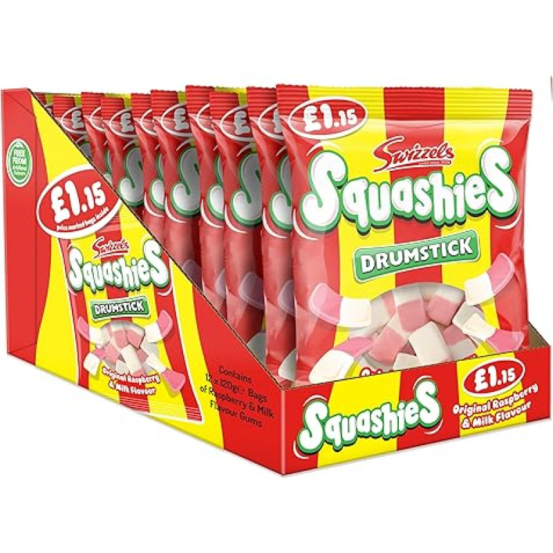Swizzels Drumstick Squashies Original Sweets - Raspberry and Milk Flavoured Foam Gummy Sweets - Multipack with Price Label (12 x 120g)