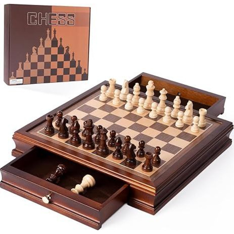 32,5 cm medinių magnetinių šachmatų rinkinys Klasikinių interaktyvių šachmatų lentos žaidimų rinkinys suaugusiesiems Kelioninė šachmatų lenta su 2 integruotais stalčiais - 2 papildomos karalienės