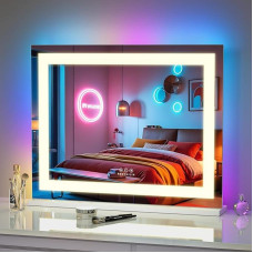 FENCHILIN Makiažo veidrodis su apšvietimu Holivudo veidrodis 58 x 46 cm RGB šviesos juosta Makiažo veidrodis su reguliuojamu apšvietimu 3 spalvų išmanusis jutiklinis veidrodis, skirtas staliniam kompiuteriui, tvirtinamas ant sienos Grūdintas stiklas, balt