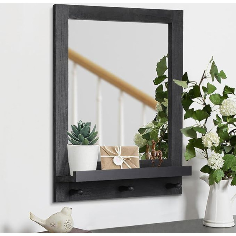 Wall Mirror Rectangular Wooden Hanging Mirror with Shelf and Hooks Rustic Dot Grey Wood for Living Room Bedroom Entrance Hallway Farmhouse Frame Mirror