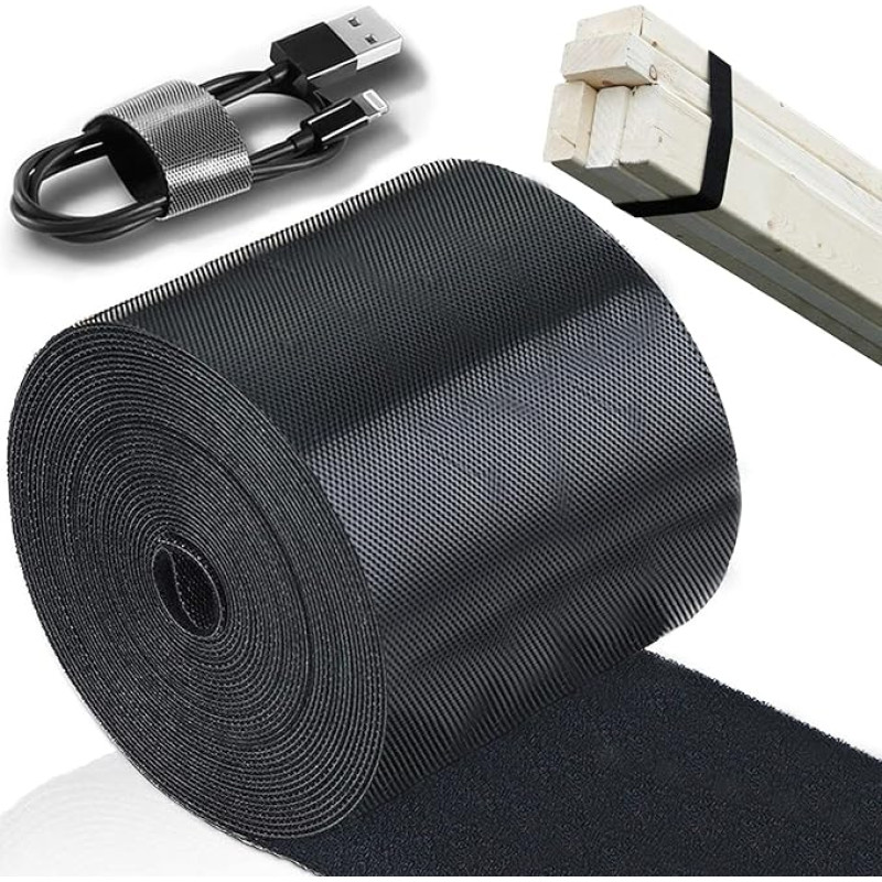 TEUVO Velcro Cable Ties, 100 mm x 3 m Non-Adhesive Velcro for Cable Binding, DIY Crafts, Curtain Attachment, Reusable Velcro Tape for Cable Management, Round, Home and Office