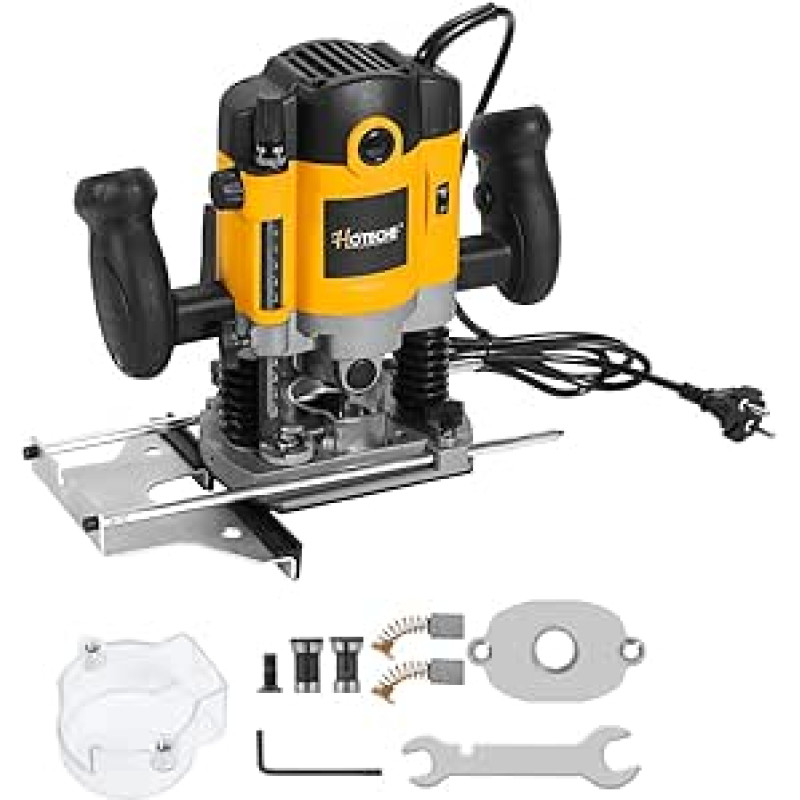 Hoteche 1200W Router Wood Router Edge Milling 6 mm Chuck 30 mm Working Depth Aluminium Base Plate VDE Plug Yellow & Black