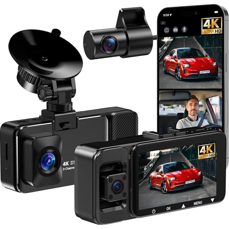 LECTRUS 3-Channel 4K Dash Cam Front and Rear View, 5G WiFi Dash Cam, App Control, Night Vision, 3 Inch IPS Screen, G-Sensor, 24-Hour Parking Mode, Loop Recording, 64GB SD Card Included