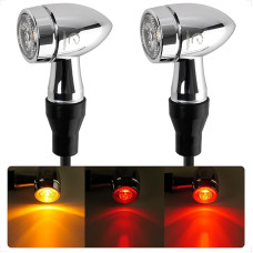 evermotor Chrome 3-in-1 Motorcycle Indicator, Pack of 2, E Approved E32, CNC Process, 12 V, for E Motorcycle Scooter, Universal Mini LED Bullet Aluminium Shell, Amber & Red
