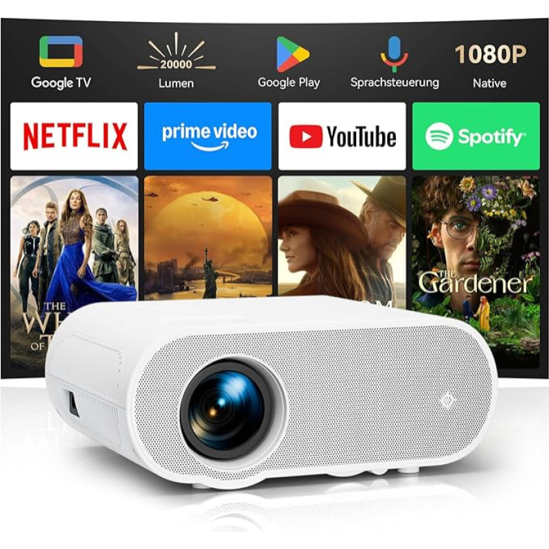 Google TV/Netflix Projector 4K with Play Store, 20000 Lumens Mini Projector Full HD 1080P, LED Projector 4K Home Cinema with Voice Control, Projector Mobile Phone Compatible with Smartphone/Laptop