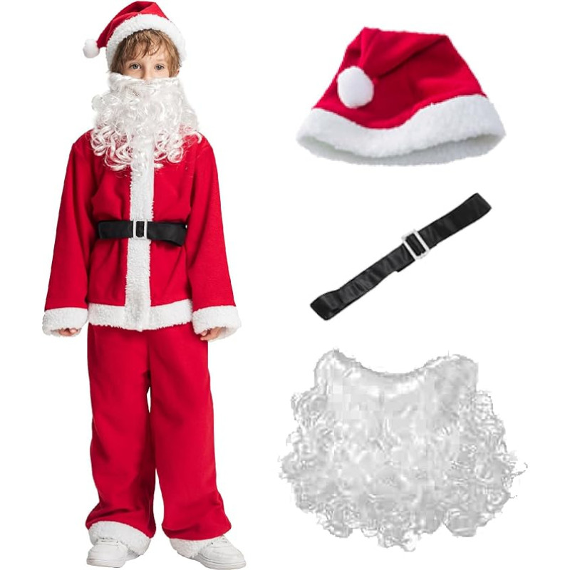 IKALI Kinder Santa Kostüm Weihnachten Mädchen Jungen Weihnachtsmann Kostüm Kleid Outfit mit Hut Schuhe Deckung 3-10 Jahre