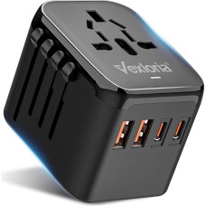 Vexloria Adaptador Universal de Viaje, Con PD20 W, 2 USB-C y 2 USB-A, Adaptador de Enchufe, Adaptador Enchufe UK Portátil Compatible with Más de 200 Países, EEUU, Italia y Más