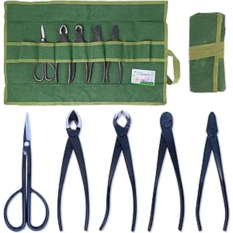 Robin's Garden Bonsai Tool Set, 5 Tools, Bonsai Scissors, Concava Guest Shears, Ball Scissors, Bonsai Cutter, Jin Tongs and Canvas Case, Professional