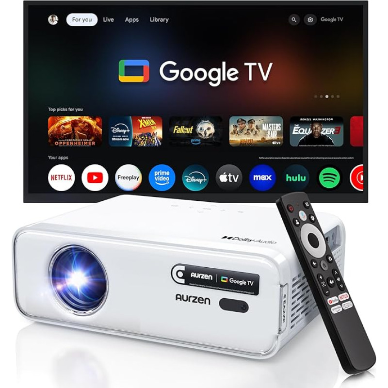 Aurzen Eazze D1 GTV Projector, Google TV Smart Projector with WiFi and Bluetooth, Netflix Officially Licensed, Auto Focus & Keystone, DoIby Audio, Zoom, Native 1080P Movie Portable Outdoor Projector