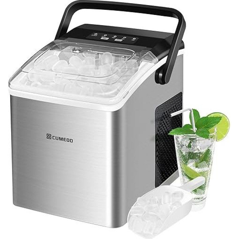 CUMEOD maža ledo kubelių mašina, 9 kubeliai per 6 minutes, 12 kg/24 h, 125 W nerūdijančio plieno ledo kubelių gaminimo aparatas su nešiojama rankena, savaime išsivalantis, 2 ledo kubelių dydžių ledo gaminimo aparatas virtuvei, biurui, barui ir vakarėliui