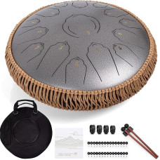 AMKOSKR Steel Tongue Drum, 14 Inch 35 cm Steel Tongue Drum, C Major 15 Notes, Hand Drum HandPan Drum with Drumsticks, Carry Bag, Silver