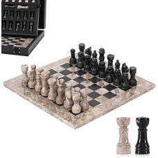 Marble Chess Set 10 Inch Handmade Oceanic & Black Board Game with Storage Box, Classic Travel Chess Set for Adults with Pieces & 2 Extra Queens, Elegant Gift & Home Decor