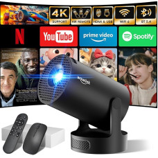 Mini Projector Supports 4K 1080P, Portable Projector with WiFi 6 and Bluetooth 5.4, Small Projector Car Keystone 180° Rotation, Compatible with HDMI/TV Stick/Memory Stick/Laptop, Black