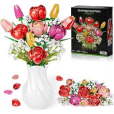 Gėlių kaladėlių rinkinys, botaninės rožės ir tulpės - 13 dalių kaladėlių puokštė su gėlėmis, kaip dovana Valentino dienos, Motinos dienos ar gimtadienio proga, skirta mergaitėms ir berniukams 6+