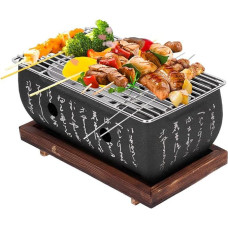 Japoniškas BBQ grilis, anglių orkaitė, 24 x 13,5 x 13,5 cm anglių stalo grilis su kepimo dėže, vielos tinkleliu ir mediniu pagrindu, nešiojama grilio viryklė, japoniška anglių viryklė, stovyklavimo viryklė Jakiniku