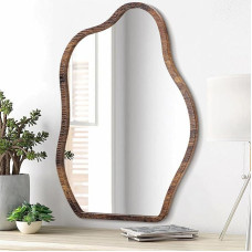 Lzuso Pink Nereguliarus medinis įrėmintas sieninis veidrodis Modernus banguotas unikalus kabantis veidrodis Asimetrinis veidrodis Dekoras Tuštybė Miegamasis Vonios kambarys Gyvenamasis kambarys Prieškambaris Didelis